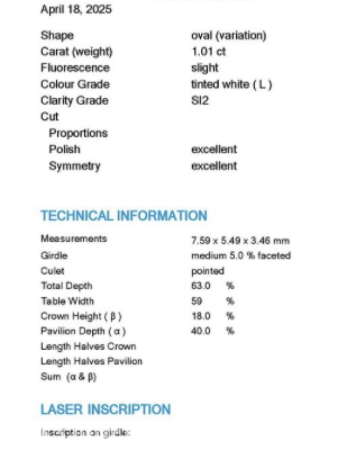 (HRD) 1.01CT OVALSLIPT NATURLIG DIAMANT. L/SI2.